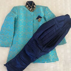 Boys Size 5 Teal & Navy Sherwani Set Diwali Outfit